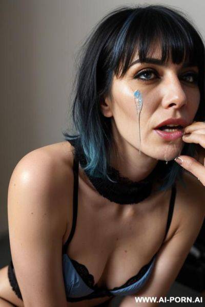 Hairy pussy, no panties, dark lipstick, squatting with one hand behind her head and the other one stroking the ejaculating cock, thick and messy cumshot all over her - ai-porn.ai on pornintellect.com