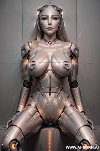 Robot, sitting, leaning back against the wall, malfunctioning, long straight blonde hair, silicone skin, tan, (huge fake tits:1.3), fit body, naked, choker, ultra-high stripper platform stilettos, - ai-porn.ai on pornintellect.com
