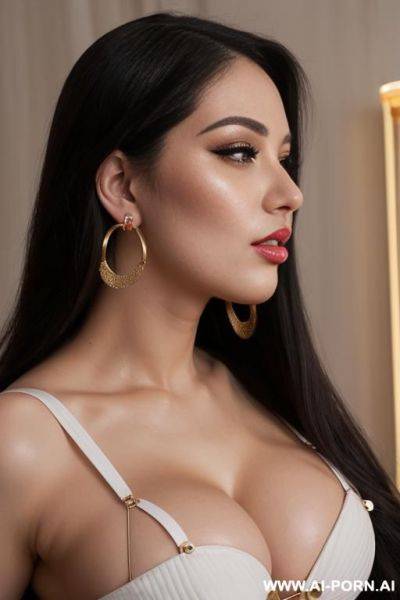 (ahegao) (flowing hair) (extremely pretty) (full lips) (button nose) (submissive) (cleavage) (hoop earrings) (hourglass figure) (model) (eye contact) (tall) (full body shot) - ai-porn.ai on pornintellect.com