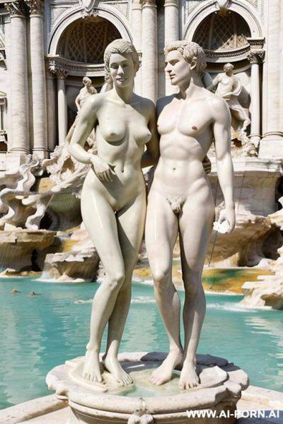 Sculpture of a naked male and female. wull body wiew. trevi fountain in the background. - ai-porn.ai on pornintellect.com
