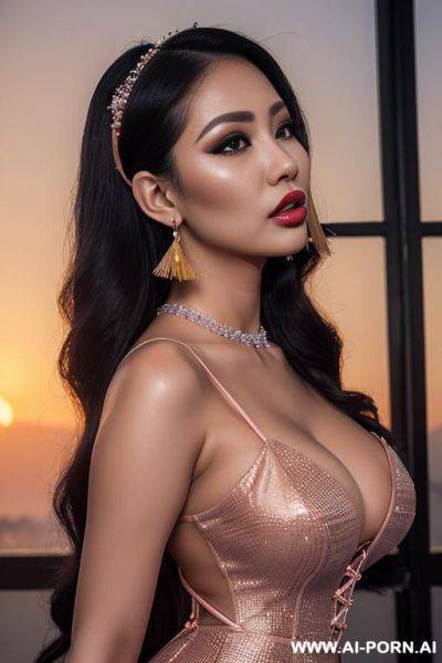 (sunset) (model) (extremely pretty) (full lips) (button nose) (eye contact) (submissive) (ahegao) (cleavage) (hourglass figure) (tall) (hoop earrings) (high heels) (hair accessory) (flowing hair) - ai-porn.ai on pornintellect.com