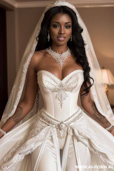Ebony woman in bride dress spreds legs and is hold by two other woman with bare breast - ai-porn.ai on pornintellect.com