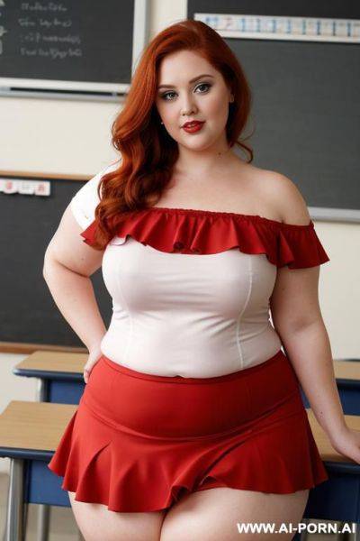Close up full body photo shot, about at classroom, chubby redhead fat bbw curvy teacher, wearing a sexy and hot micro red ruffle skirt and elegant top, teaching to the classroom. - ai-porn.ai on pornintellect.com