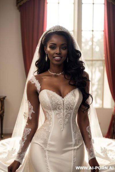 Ebony woman in bride dress spreds legs and is hold by two other woman with bare breast.impregnation - ai-porn.ai on pornintellect.com
