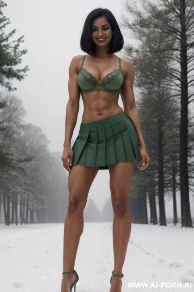Indian, short hair, fit, abs, muscular arms, big ass, tall, long legs, navel piercing, green bra, green pleat skirt, looking at camera, full body, stiletto, in snow - ai-porn.ai - India on pornintellect.com