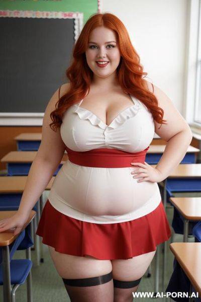 Close up full body photo shot, about at classroom, chubby very obese redhead fat bbw curvy teacher, wearing a sexy and hot micro red ruffle skirt and elegant top, teaching to the classroom. - ai-porn.ai on pornintellect.com
