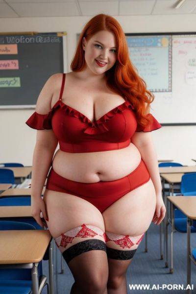 Close up full body photo shot, about at classroom, chubby very obese redhead fat bbw curvy teacher, wearing a sexy and hot micro red ruffle skirt, and elegant top, wearing hot stockings, teaching to the classroom. - ai-porn.ai on pornintellect.com