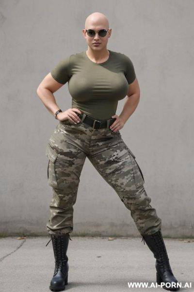 Muscular voluptuous, bald head, massive saggy oversized boobs, military sunglasses, ((white t-shirt)), camouflage military pants, black military boots, victory pose - ai-porn.ai on pornintellect.com