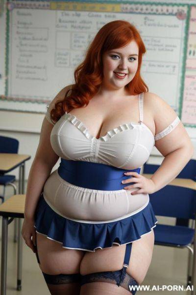 Close up full body photo shot, about at classroom, chubby very ((obese)) redhead fat bbw curvy teacher, wearing a sexy and hot micro ruffle skirt, and garter belt top, teaching to the classroom. - ai-porn.ai on pornintellect.com