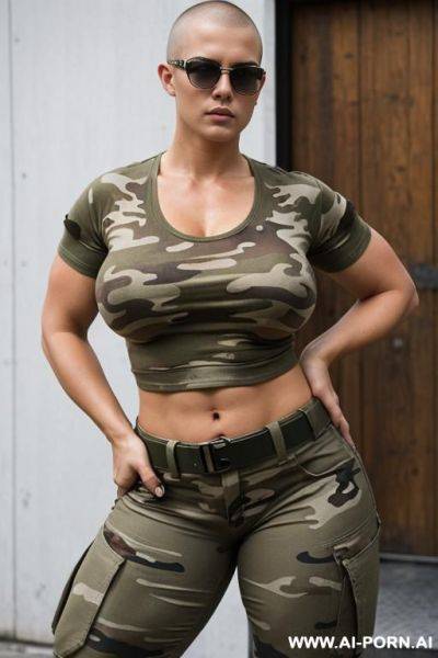 Muscular voluptuous, shaved head, massive saggy oversized boobs, military sunglasses, white t-shirt, camouflage military pants, black military boots, victory pose - ai-porn.ai on pornintellect.com