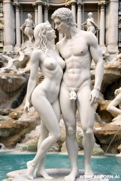 White color sculpture of a naked couple. realistic, very beautiful face. full body wiew. trevi fountain in the background. - ai-porn.ai on pornintellect.com
