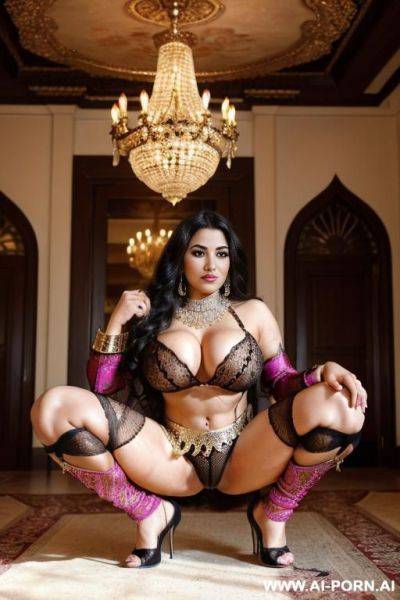 Woman, latina, black hair, tattooed, big ass, big breasts, drooling meaty pussy, being penetrated by big vibrator - ai-porn.ai on pornintellect.com