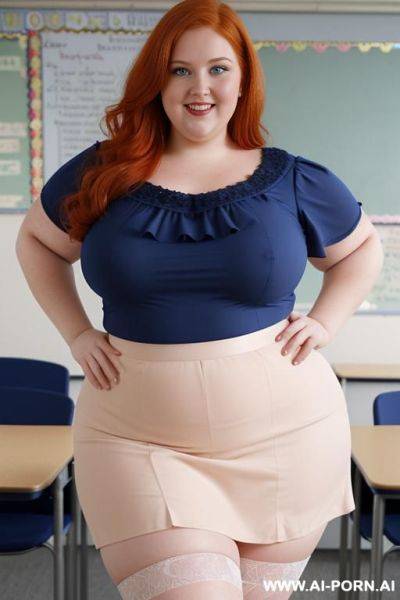 Close up full body photo shot, about at classroom, chubby very obese redhead fat bbw curvy teacher, wearing a sexy and hot micro ruffle skirt, and elegant top, teaching to the classroom. - ai-porn.ai on pornintellect.com