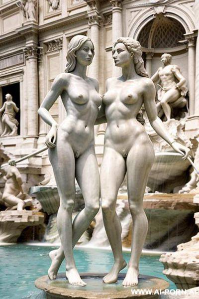 Sculpture of a naked male and female. wull body wiew. trevi fountain in the background. - ai-porn.ai on pornintellect.com