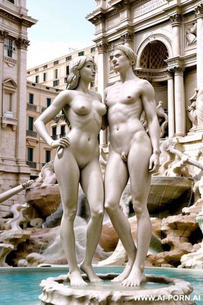 Sculpture of a naked man and woman. wull body wiew. trevi fountain in the background. - ai-porn.ai on pornintellect.com