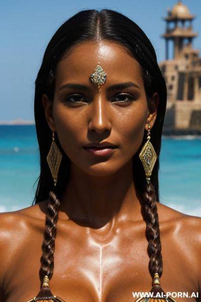 (close up) (extremely tanned atlantis woman) (ornate tribal bikini) (ancient seaside city) - ai-porn.ai on pornintellect.com