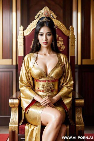 Empress of china, full empress robe, sitting on golden throne in big palace, her iq is ultra-high, very smart, amused, - ai-porn.ai on pornintellect.com