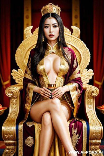 Empress of china, full empress robe, sitting on golden throne in big palace, her iq is ultra-high, very smart, amused, holding royal sceptre in her hand - ai-porn.ai on pornintellect.com
