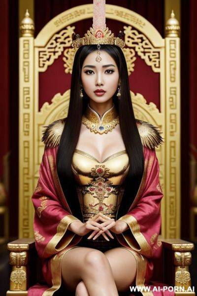 Empress of china, full empress robe, sitting on golden throne in big palace, her iq is ultra-high, very smart, amused, holding sceptre in her hand - ai-porn.ai on pornintellect.com