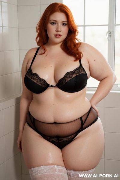 Half-length photo, as a setting in the laundry area, a fat (obese) chubby fat thick and bbw redhead british, she is washing clothes and is soaked in foamy water. she has lovehandless and a - ai-porn.ai - Britain on pornintellect.com