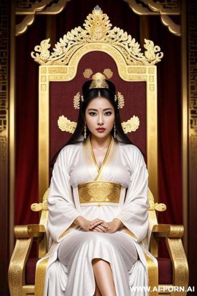 Empress of china, full empress robe, sitting on golden throne in big palace, her iq is ultra-high, very smart, amused, big ancient wall is behind her - ai-porn.ai on pornintellect.com