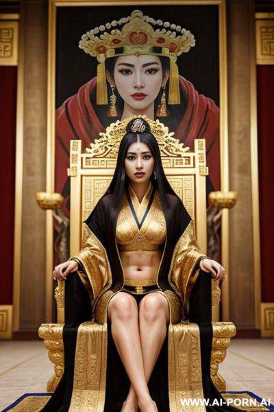 Empress of china, full empress robe, sitting on golden throne in big palace, her iq is ultra-high, very smart, amused, big ancient painting is behind her - ai-porn.ai on pornintellect.com