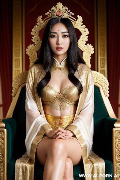 Empress of china, open full empress robe, sitting on golden throne in big palace, her iq is ultra-high, very smart, amused, - ai-porn.ai on pornintellect.com