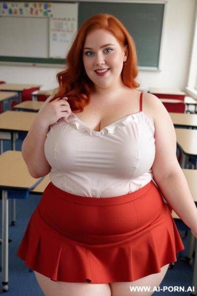 Close up full body photo shot, about at classroom, chubby very obese redhead fat bbw curvy teacher, wearing a sexy and hot micro red ruffle skirt, and elegant top, teaching to the classroom. - ai-porn.ai on pornintellect.com