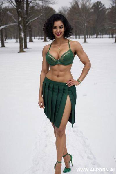 Indian, short curly hair, fit, abs, muscular arms, big ass, tall, long legs, navel piercing, green bra, green pleat skirt, looking at camera, full body, stiletto, in snow - ai-porn.ai - India on pornintellect.com