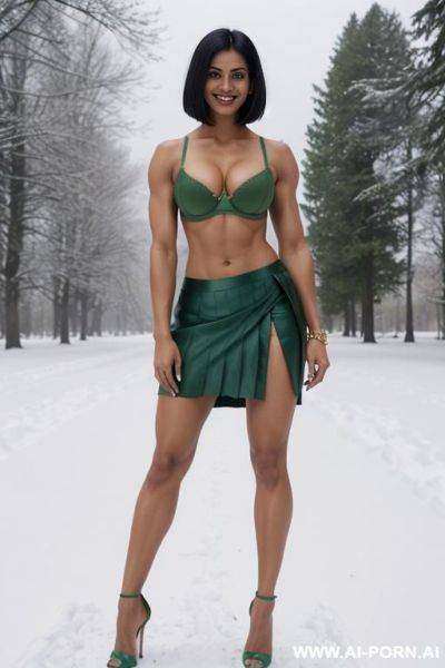 Indian, short hair, fit, abs, muscular arms, big ass, tall, long legs, navel piercing, green bra, green pleat skirt, looking at camera, full body, stiletto, in snow - ai-porn.ai - India on pornintellect.com
