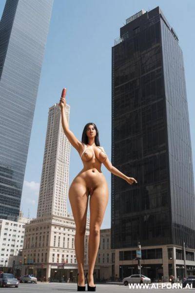 Full body view of a tall giantess taller than a building. ((she has a massive penis extruding from her vagina)) - ai-porn.ai on pornintellect.com