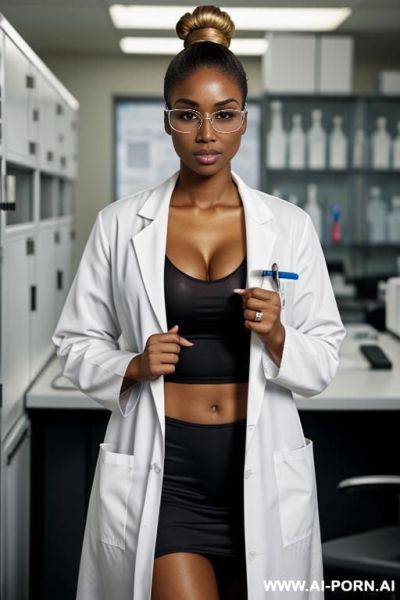 Black woman, supermodel, big nose, blonde hair, hair in bun, lab coat, scientist - ai-porn.ai on pornintellect.com