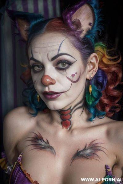 Face, sexy, beautiful, ((face painting)), (naked), ((tattoo roses)), ((eyes shw)), ((angel wings)), ((rainbow hair)), ((long bu hair)), ((wind)), (( cat face)), (( cat ears)), (((feather earrings)), neckless, full view, wide angle view, sensual - ai-porn.ai on pornintellect.com