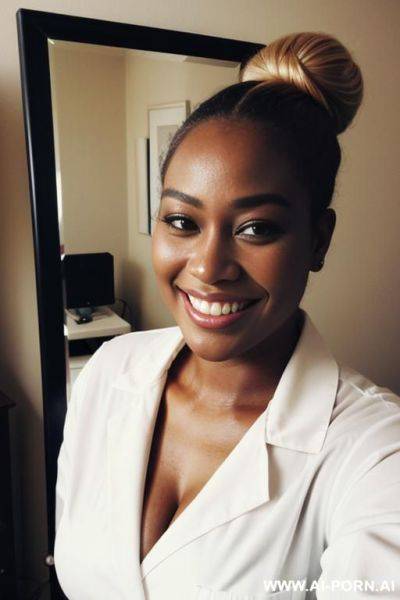 Black woman, supermodel, big nose, blonde hair, hair in bun, nerdy, scientist - ai-porn.ai on pornintellect.com
