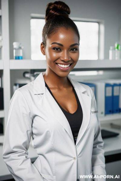 Black woman, supermodel, big nose, blonde hair, hair in bun, very tight lab coat, scientist - ai-porn.ai on pornintellect.com