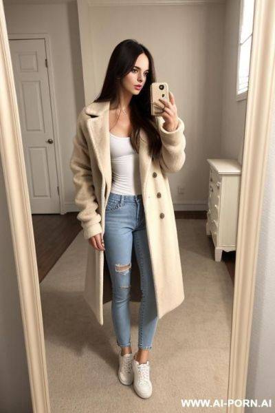 Woman long hair long beige coat jeans sneakers white selfie photo in the mirror - ai-porn.ai on pornintellect.com