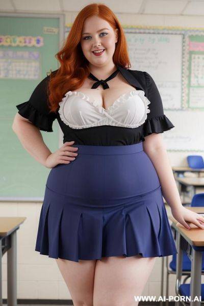 Close up full body photo shot, about at classroom, chubby very ((obese)) redhead fat bbw curvy teacher, wearing a sexy and hot micro ruffle skirt, and elegant top, teaching to the classroom. - ai-porn.ai on pornintellect.com