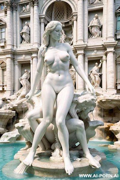 White color sculpture of a naked couple. realistic, very beautiful face. full body wiew. trevi fountain in the background. - ai-porn.ai on pornintellect.com
