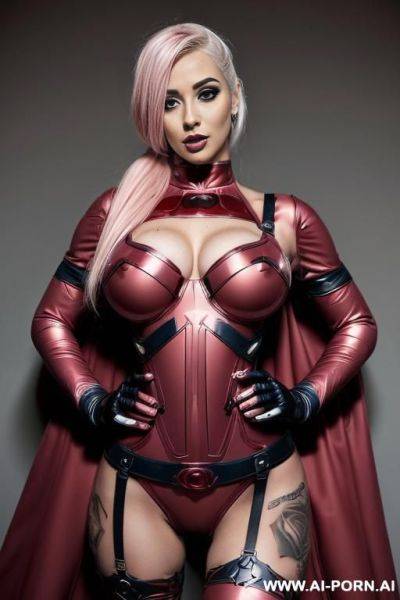 Sexy sexbot, tattoo sexbot, huge breasts, tapeared waists, covered in rose tattoos, platinum blond hair, high pony, full body view, comic book cover, ((keep face)), wearing hero costume, - ai-porn.ai on pornintellect.com