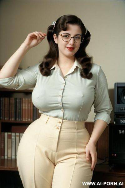 170s nerd 18 years old with huge natural boobs and cutie babe face. glasses. nerdy. shirt and trousers. retro, vintage. 170s style. curvy body. hebrew. - ai-porn.ai on pornintellect.com