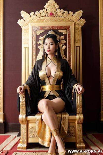 Empress of china, full empress robe, sitting on golden throne in big palace, her iq is ultra-high, very smart, amused, big ancient wall is behind her - ai-porn.ai on pornintellect.com