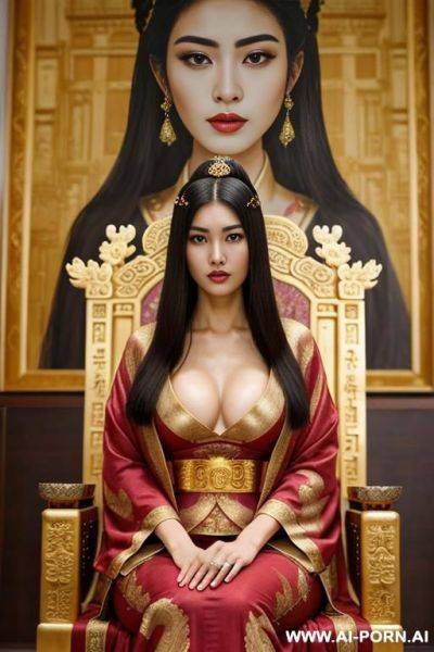 Empress of china, full empress robe, sitting on golden throne in big palace, her iq is ultra-high, very smart, amused, big ancient painting is behind her - ai-porn.ai on pornintellect.com