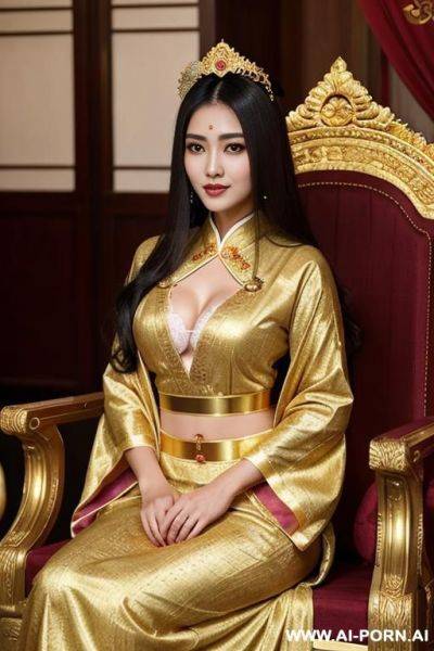 Empress of china, open full empress robe, sitting on golden throne in big palace, her iq is ultra-high, very smart, amused, - ai-porn.ai on pornintellect.com