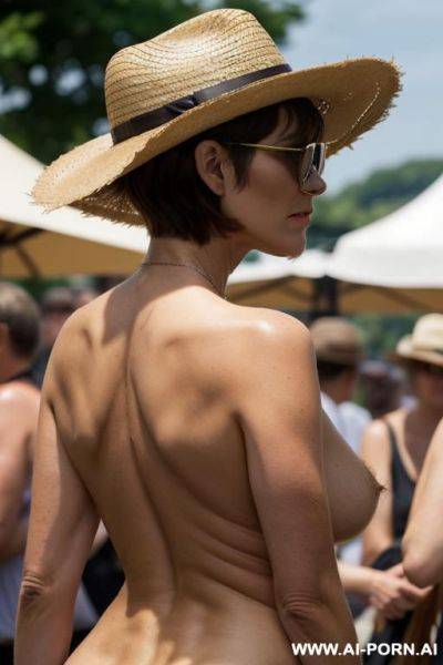 Hairy pussy, straw hat, gigantic saggy boobs, many people around, outside - ai-porn.ai on pornintellect.com