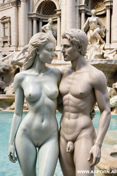 Sculpture of a naked man and woman. realistic, very beautiful face. wull body wiew. trevi fountain in the background. - ai-porn.ai on pornintellect.com