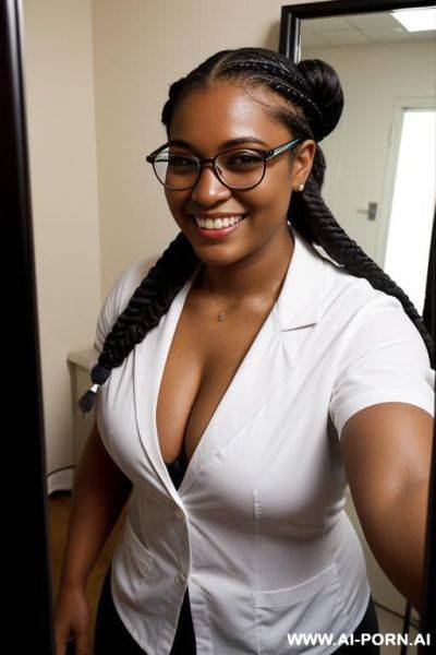 Black woman, supermodel, big nose, braided hair, hair in bun, nerdy, scientist - ai-porn.ai on pornintellect.com