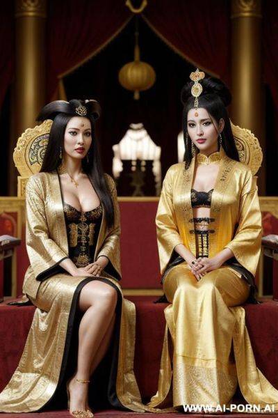 Empress of china, open full empress robe, sitting on golden throne in big palace, her iq is ultra-high, very smart, amused. next to her is pirates queen (brazilian woman). pirate queen has pirate clothes. - ai-porn.ai - Brazil on pornintellect.com