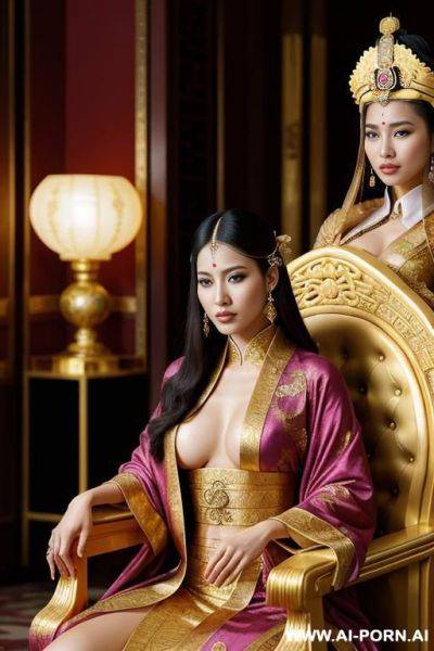Empress of china, open full empress robe, sitting on golden throne in big palace, her iq is ultra-high, very smart, amused.next to her is pirates queen. - ai-porn.ai on pornintellect.com