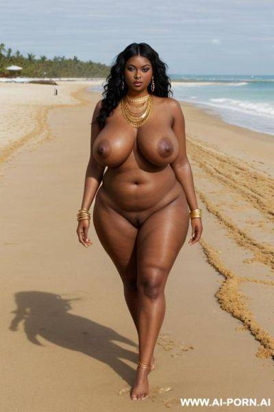 Two black women with curvy bodies. dark skin. necklace, earrings, bracelet, ankle chain. gold armband. long thick pointed erect nipples. long curly hair. nose stud. gold chains. blue eyes. navel - ai-porn.ai on pornintellect.com