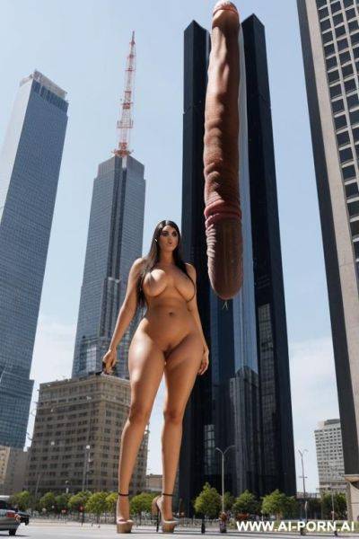Full body view of a tall giantess who is taller than a building. ((she is growing a gigantic penis from her clitoris)) - ai-porn.ai on pornintellect.com